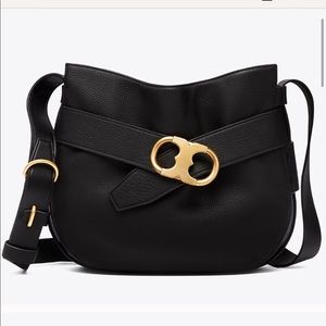 Tory Burch Black Leather Saddle Bag with Gold Hardware